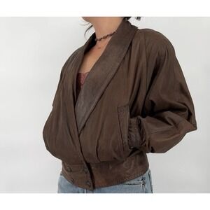 Vintage 90s Brown Leather Bomber Jacket Womens S Indie Boho Cropped Slouchy